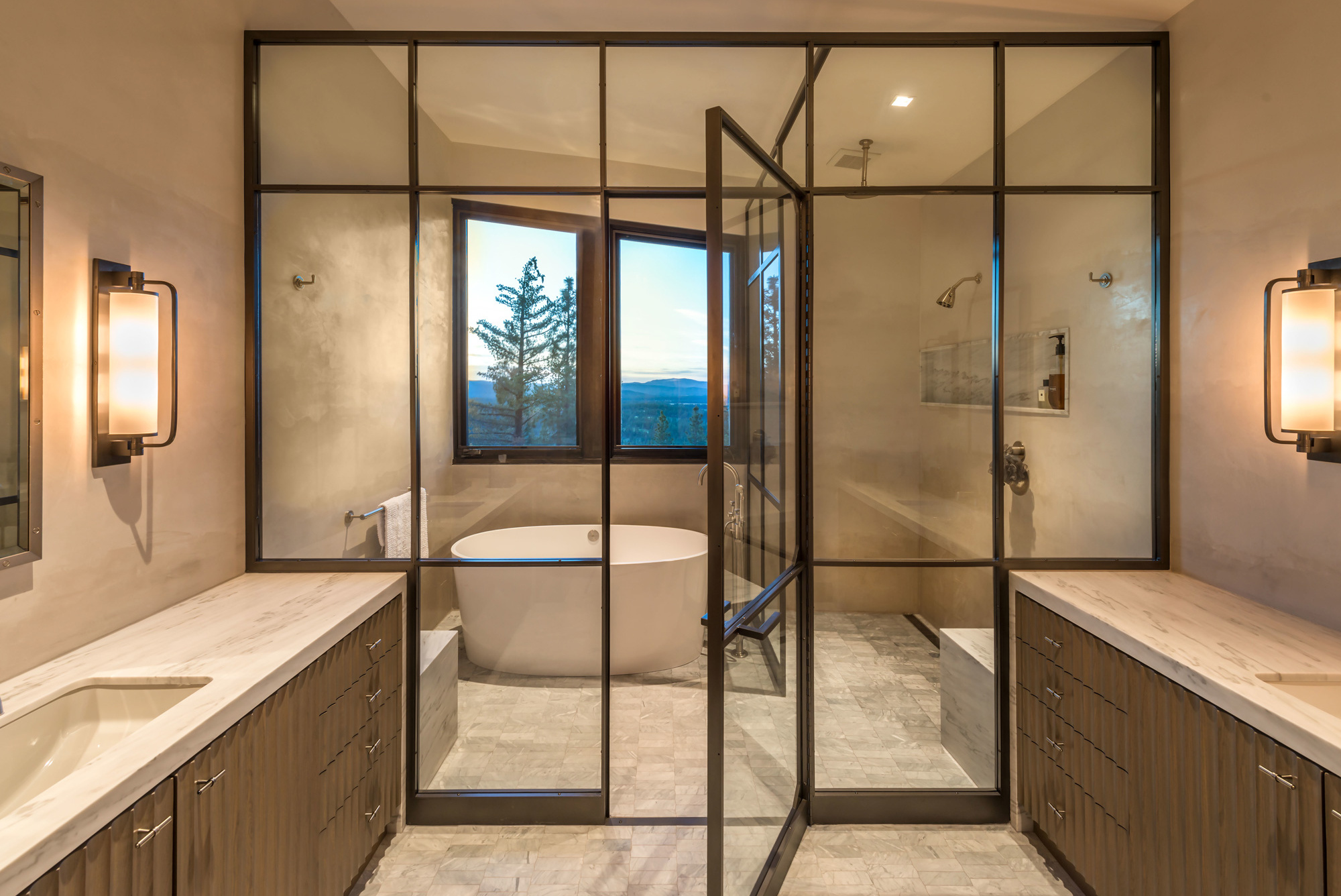 A stone bathroom vanity and shower in northern California